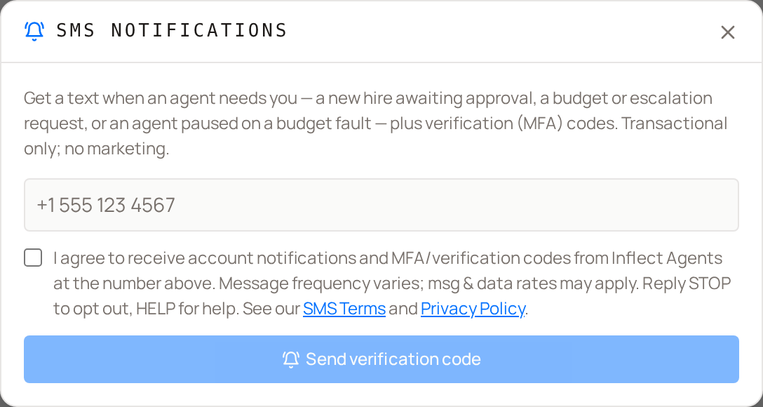 The Inflect Agents SMS notifications dialog: a mobile-number field, an unchecked consent checkbox with the consent text, and a Send verification code button.